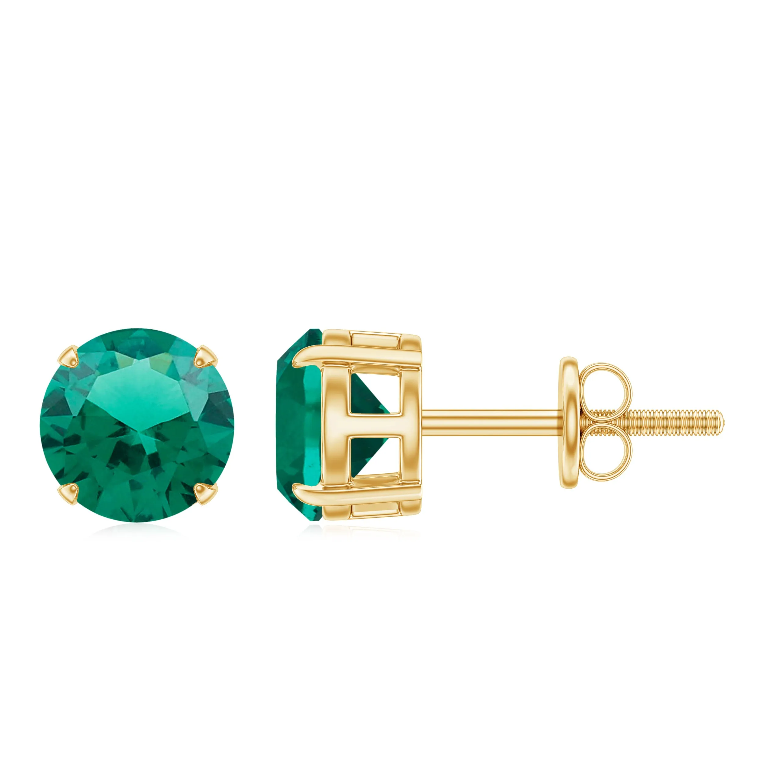 Elegant Created Emerald Solitaire Stud Earrings in Gold