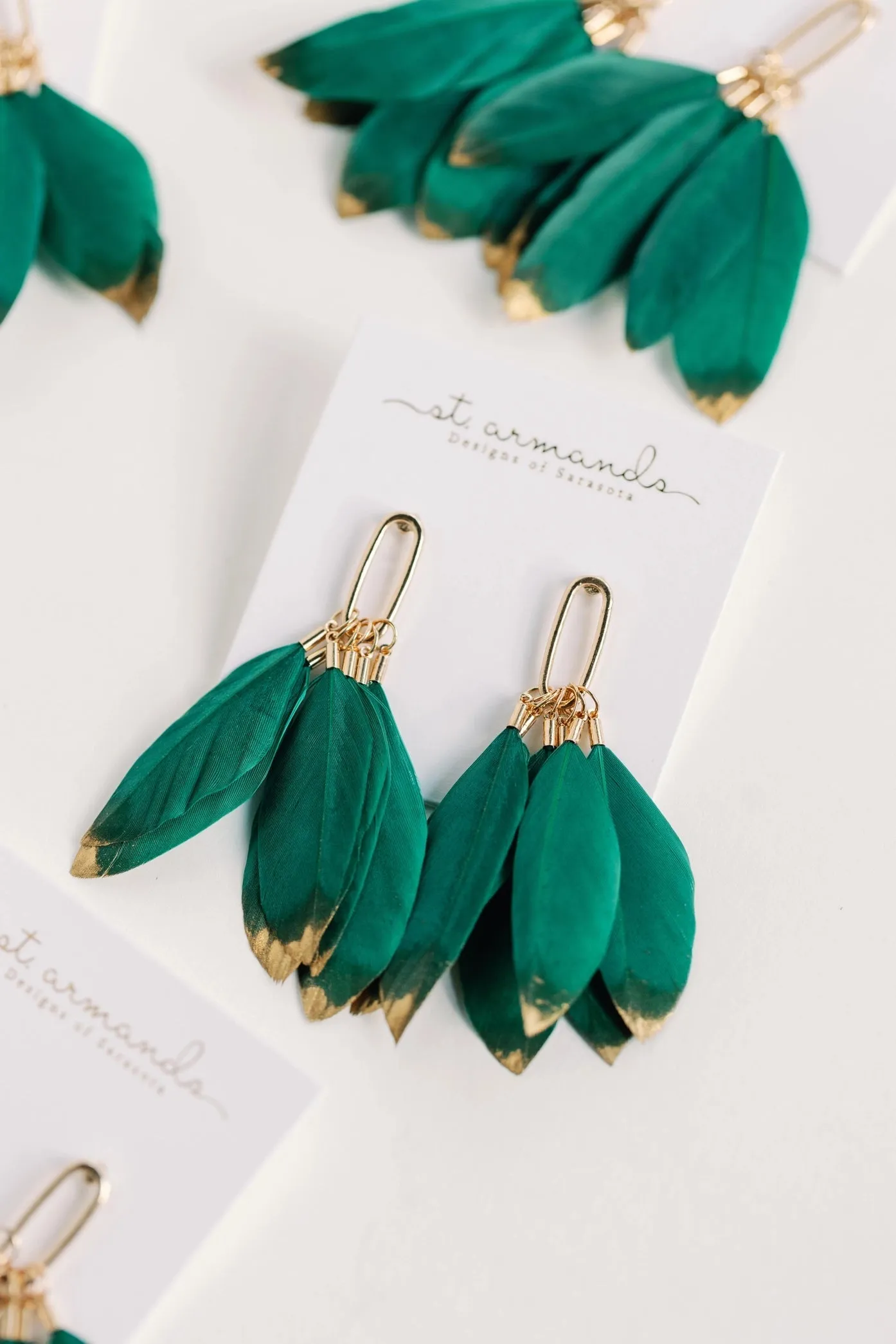 Emerald Gold Dipped Feather Tassel Earrings