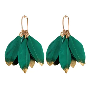 Emerald Gold Dipped Feather Tassel Earrings