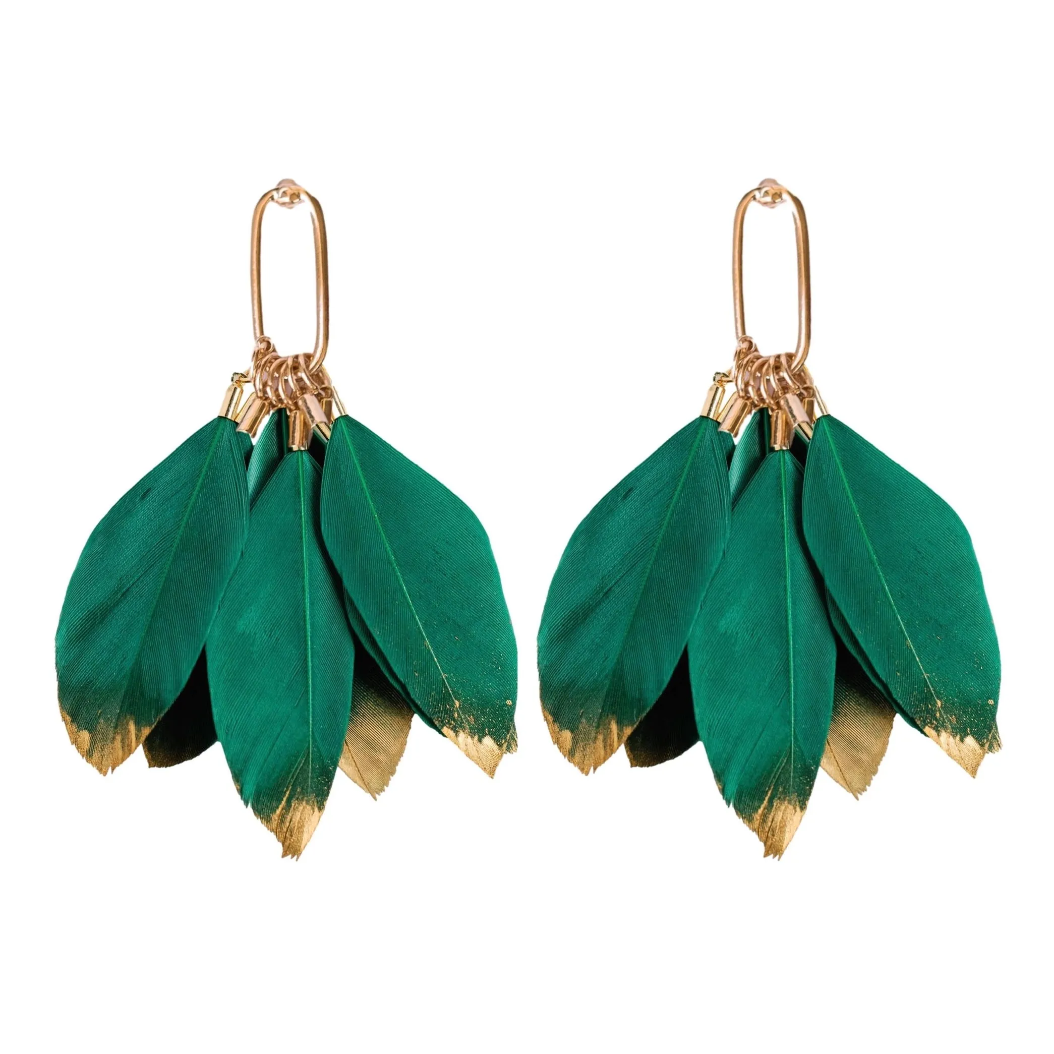 Emerald Gold Dipped Feather Tassel Earrings