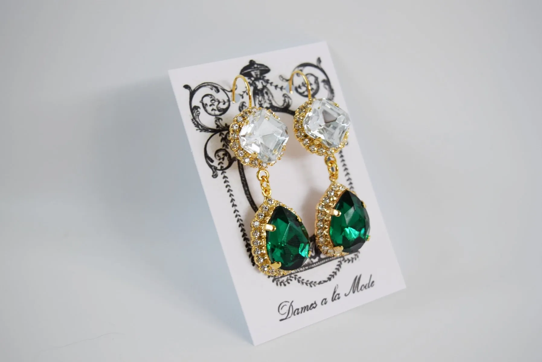 Emerald Teardrop Crystal Halo Earrings - Two Stone