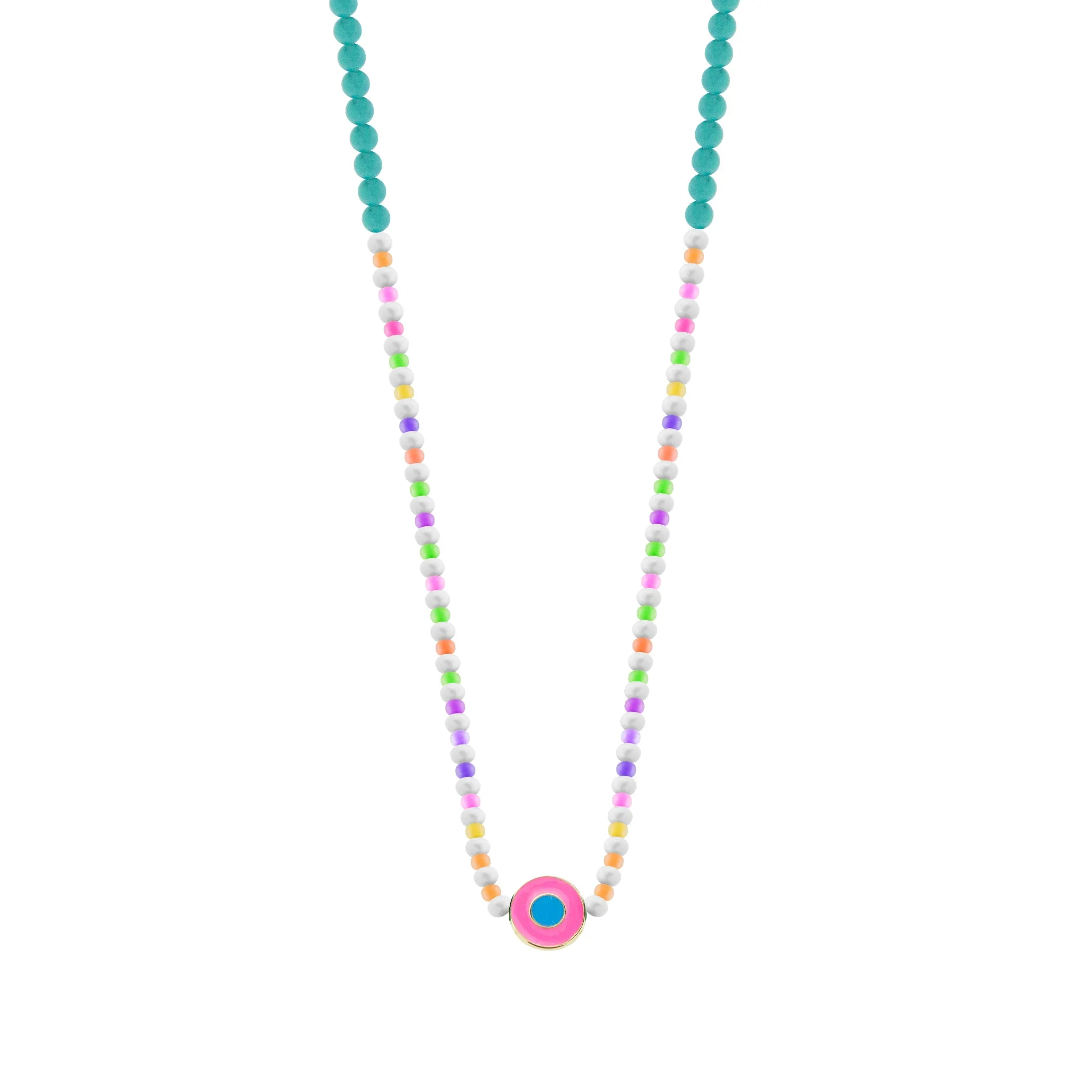 Enameled Neon Pink Evil Eye Disk on Beaded Necklace