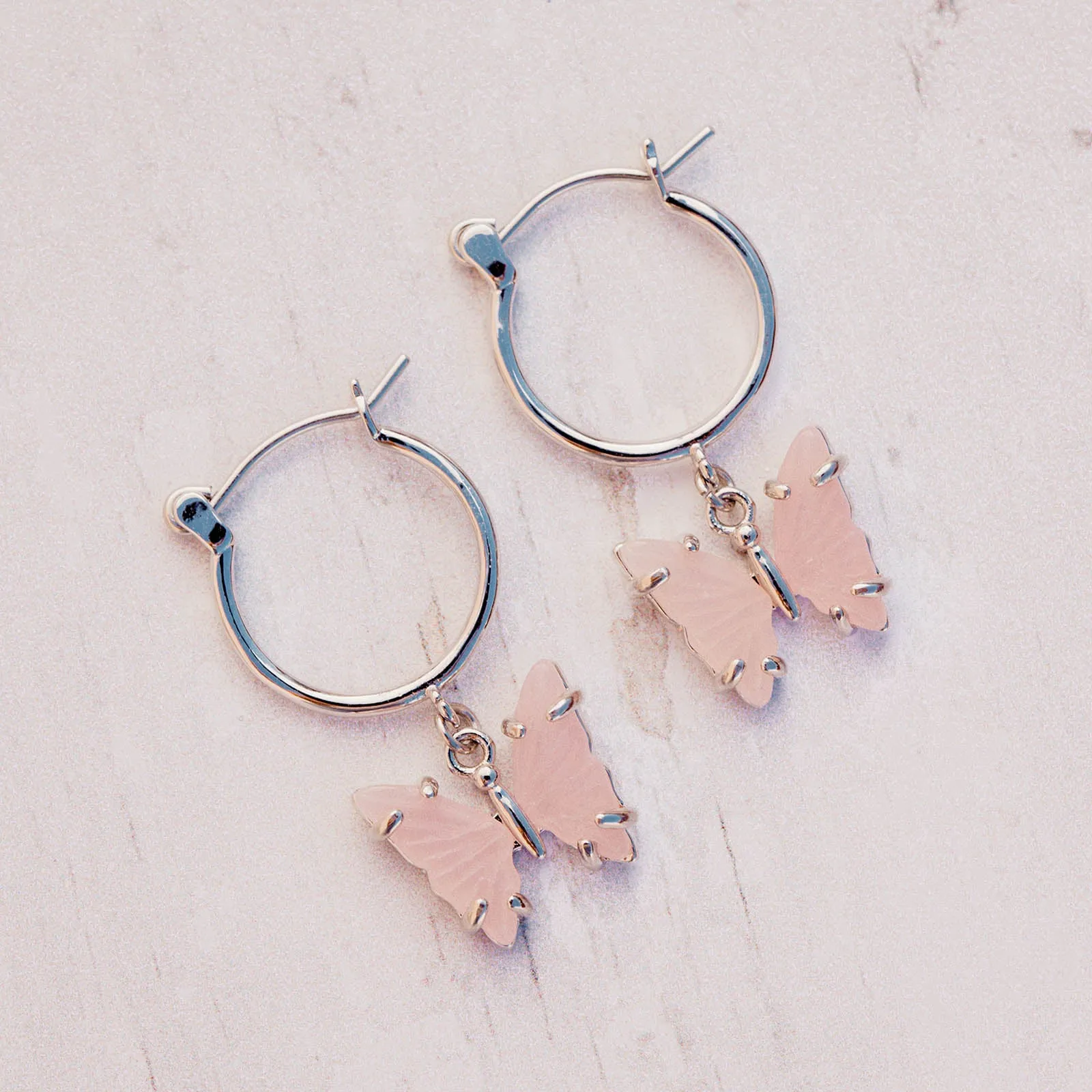 Engraved Stone Butterfly Hoop Earrings