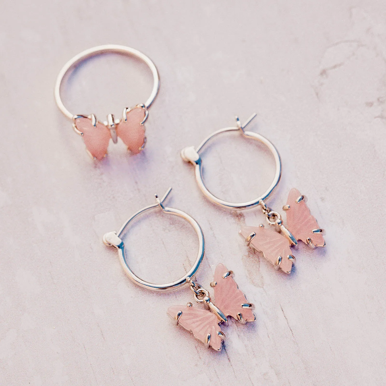 Engraved Stone Butterfly Hoop Earrings