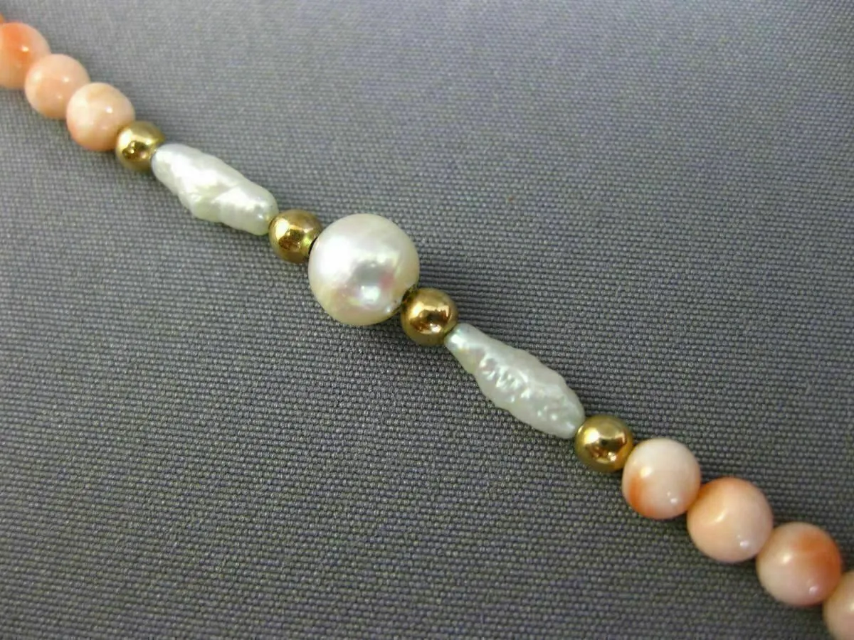 ESTATE LONG AAA SOUTH SEA PEARL & CORAL 14KT YELLOW GOLD 3D BEAD BRACELET #26199