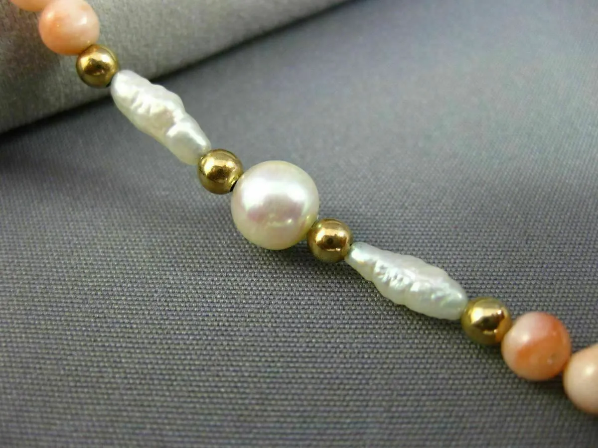 ESTATE LONG AAA SOUTH SEA PEARL & CORAL 14KT YELLOW GOLD 3D BEAD BRACELET #26199