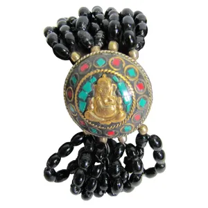 Ganesh Tibetan Vintage Coral & Turquoise Black Onyx Tribal Bead Strand Bracelet