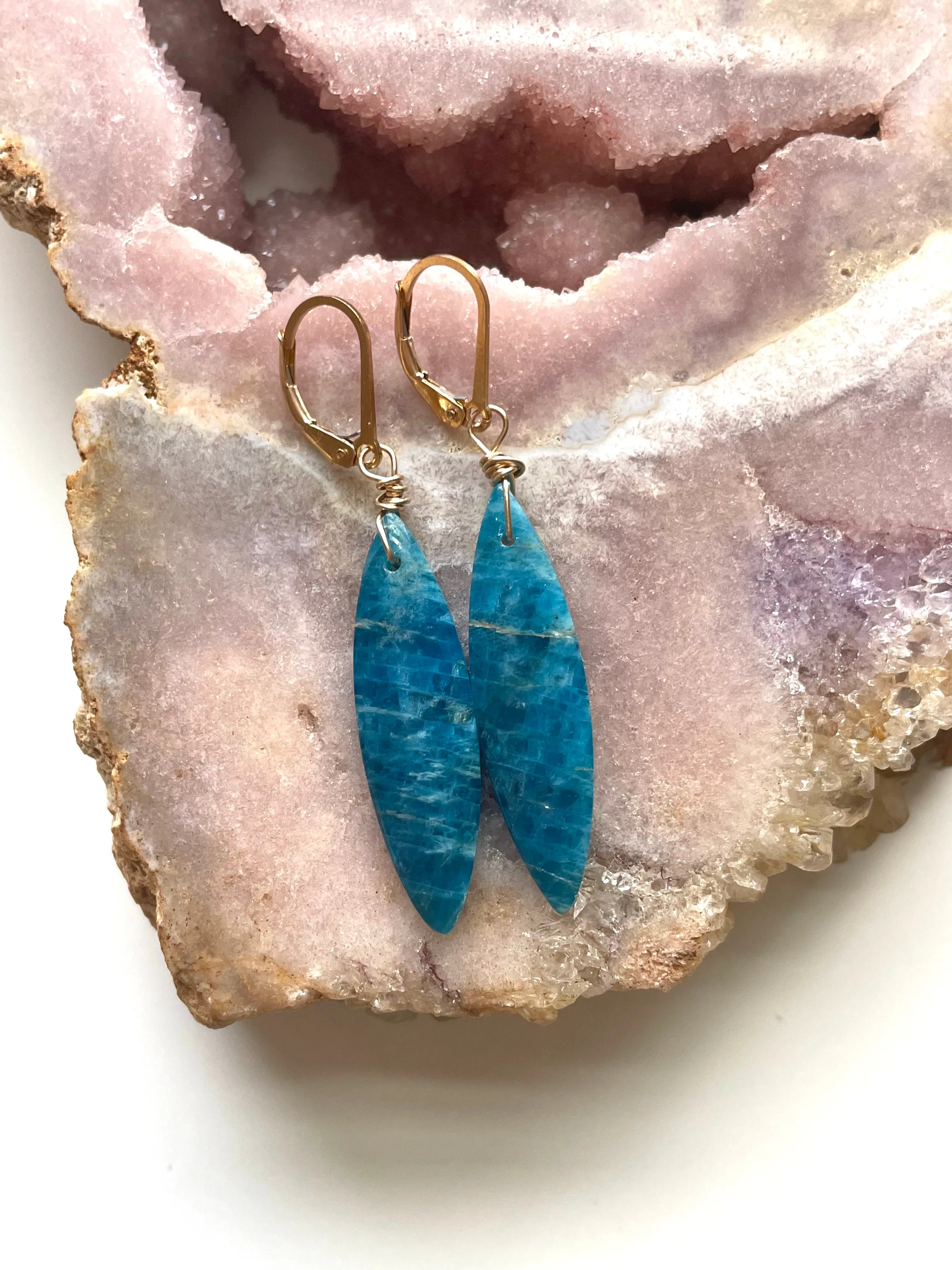 Gold Blue Apatite Dangle Crystal Earrings