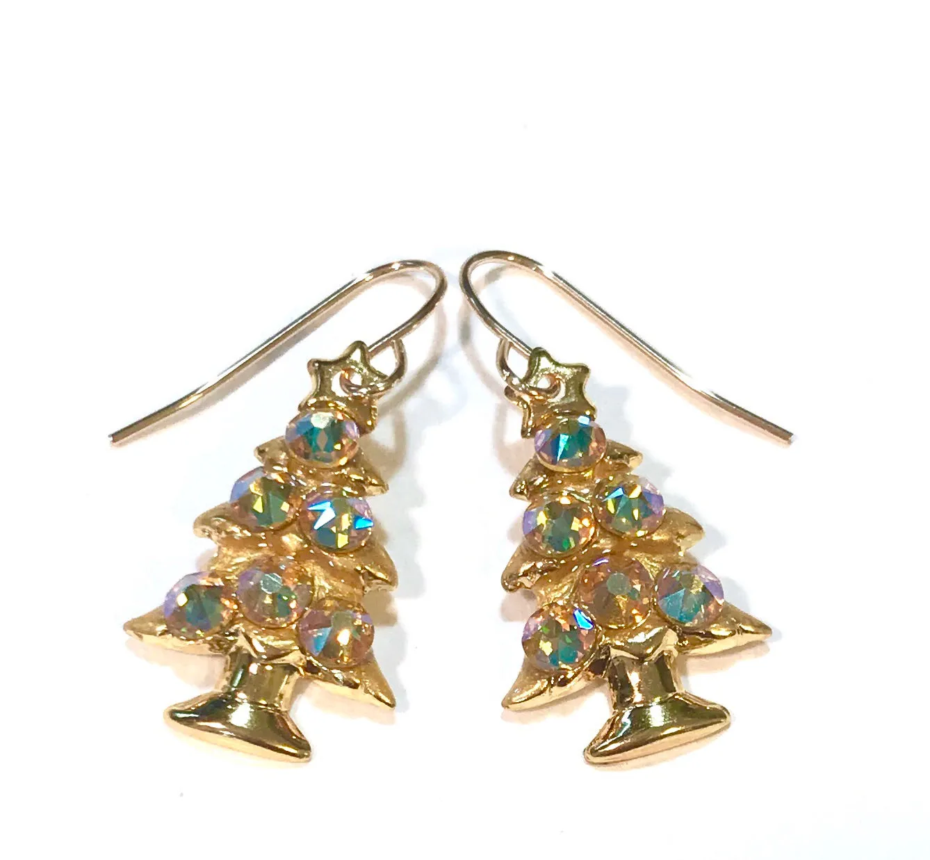 Gold Christmas Tree Earrings - Light Topaz AB Crystals - Holiday Jewelry