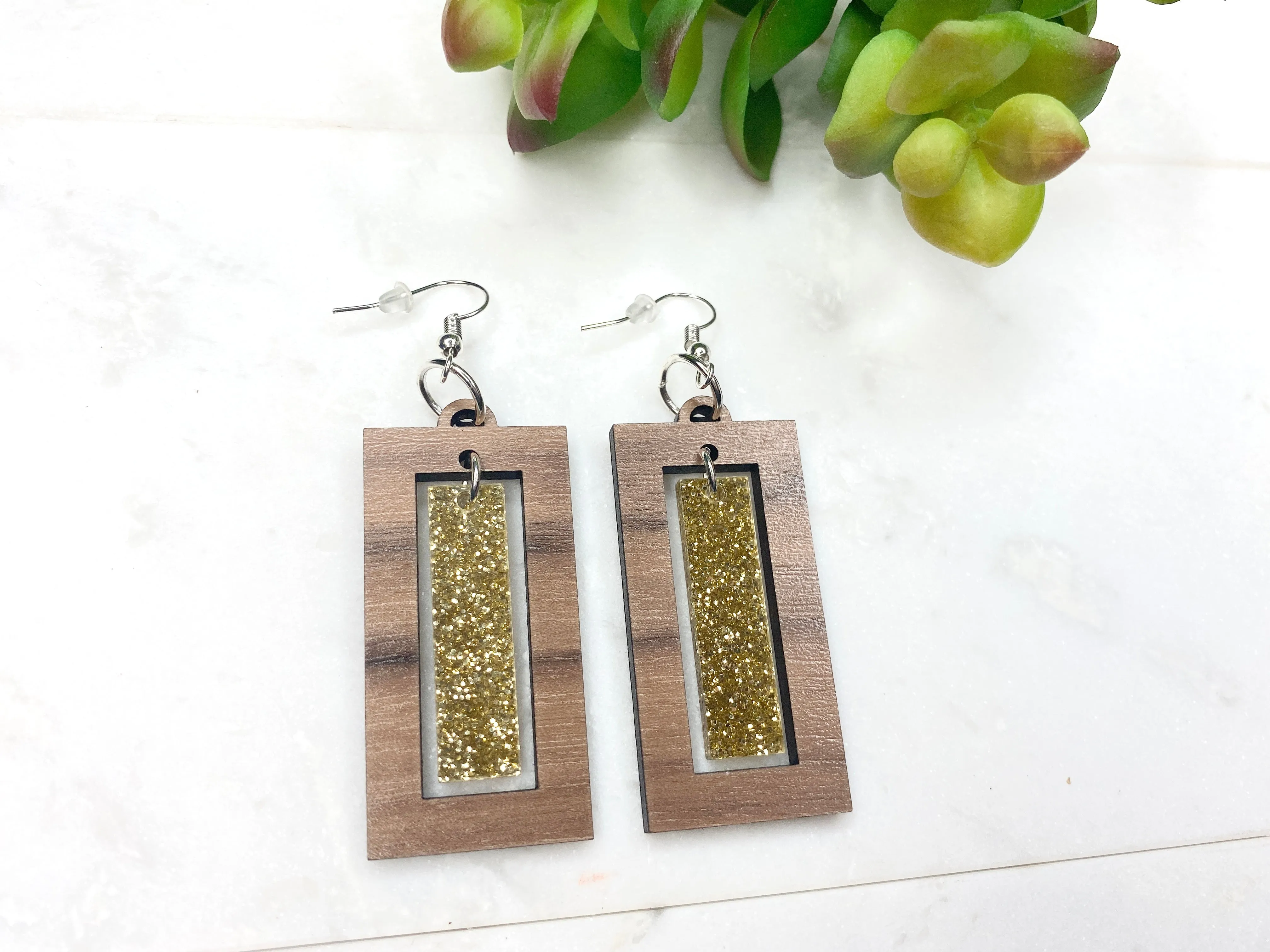 Gold Glitter Rectangle Dangle Earring Gold and Walnut Drop Earring Gold Geometric Boho Style