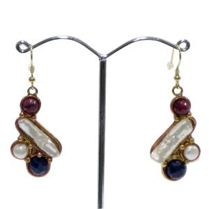 Gold White Metal w/Ruby, Blue Sapphire & Pearl Earrings