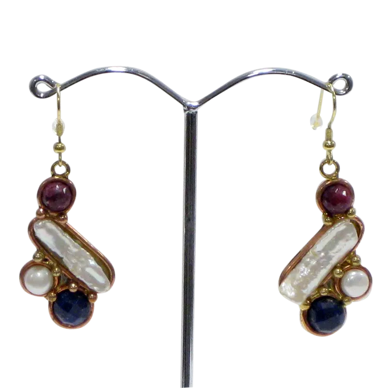 Gold White Metal w/Ruby, Blue Sapphire & Pearl Earrings