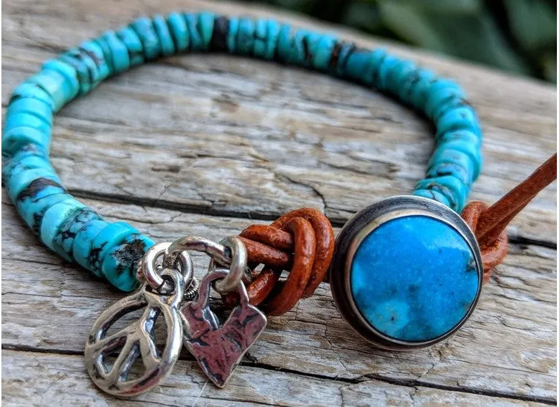 Handmade Turquoise Heart and Peace Sign Bracelet