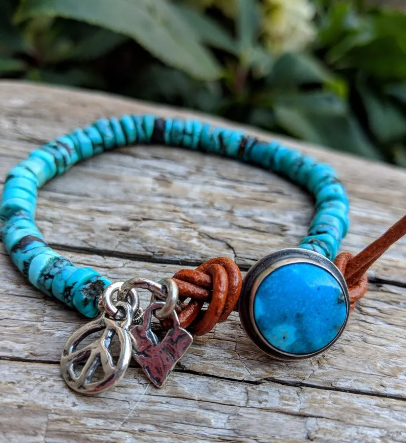 Handmade Turquoise Heart and Peace Sign Bracelet