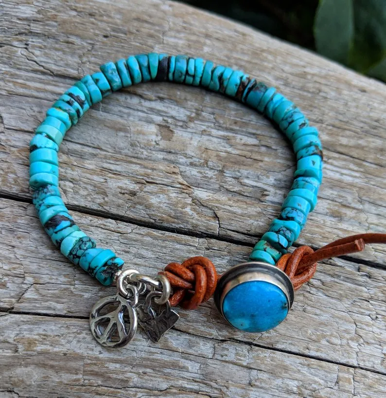 Handmade Turquoise Heart and Peace Sign Bracelet