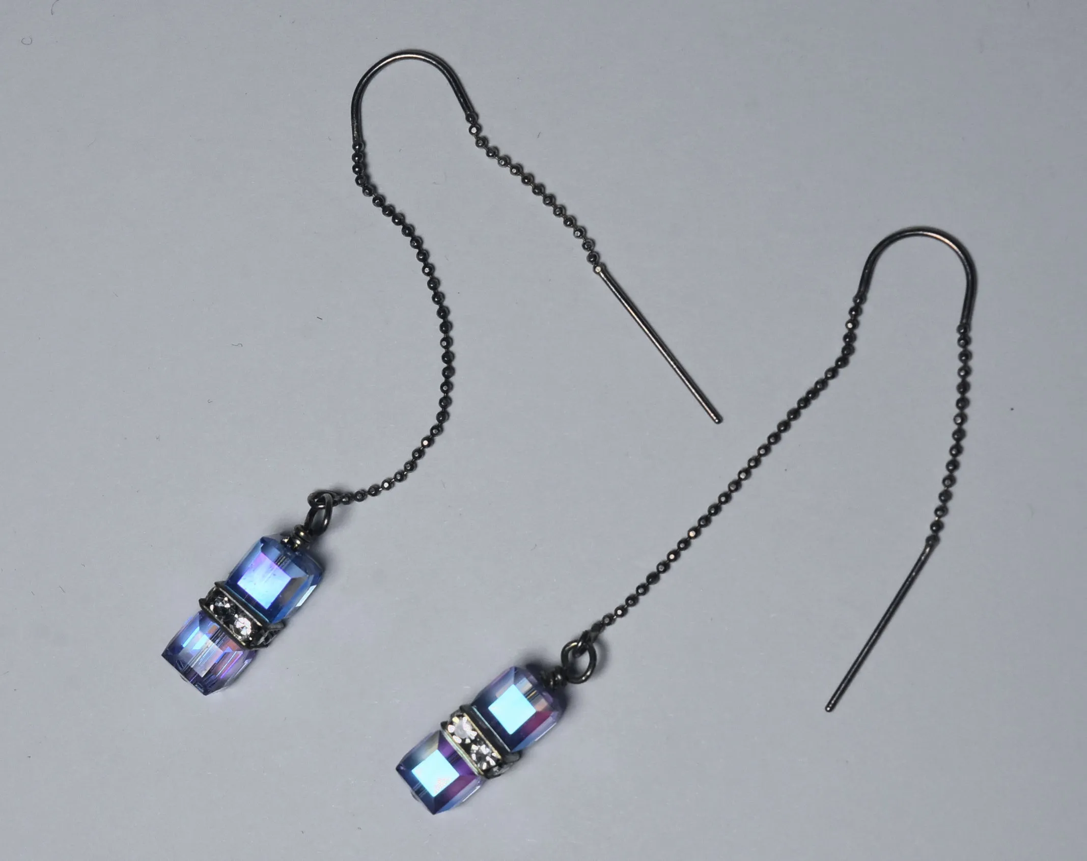 Iridescent Dangling Glass Cubes Sterling Silver Threader Earrings