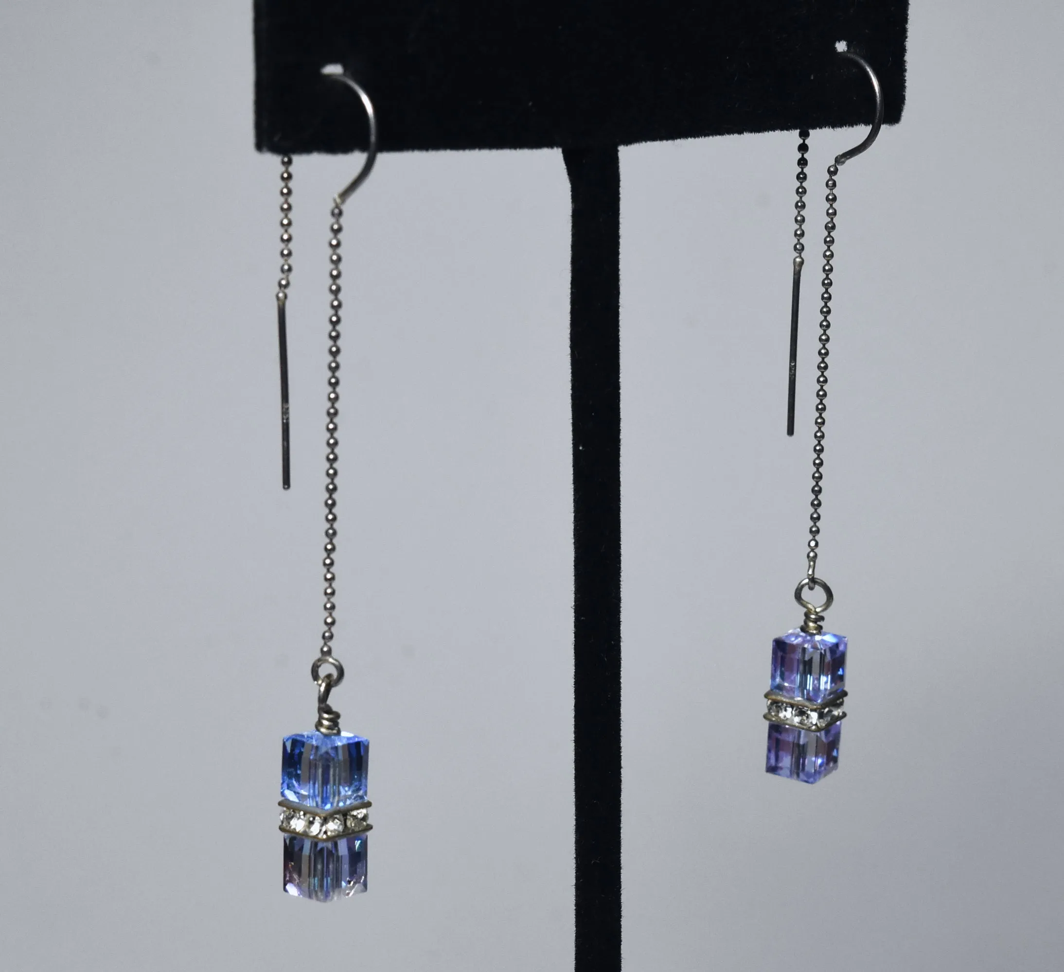 Iridescent Dangling Glass Cubes Sterling Silver Threader Earrings