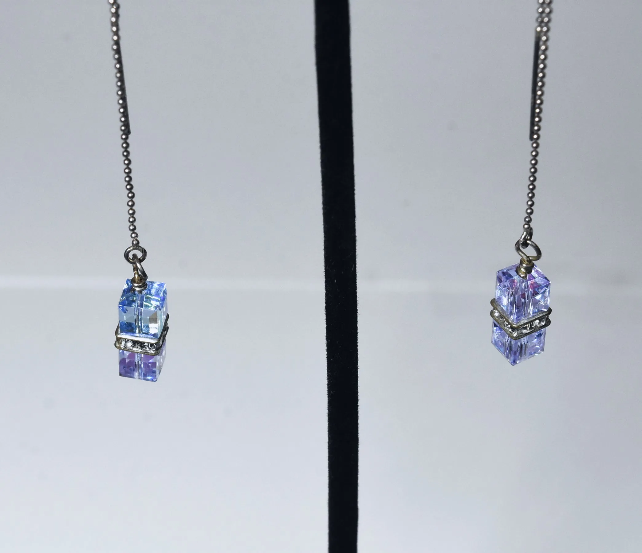 Iridescent Dangling Glass Cubes Sterling Silver Threader Earrings