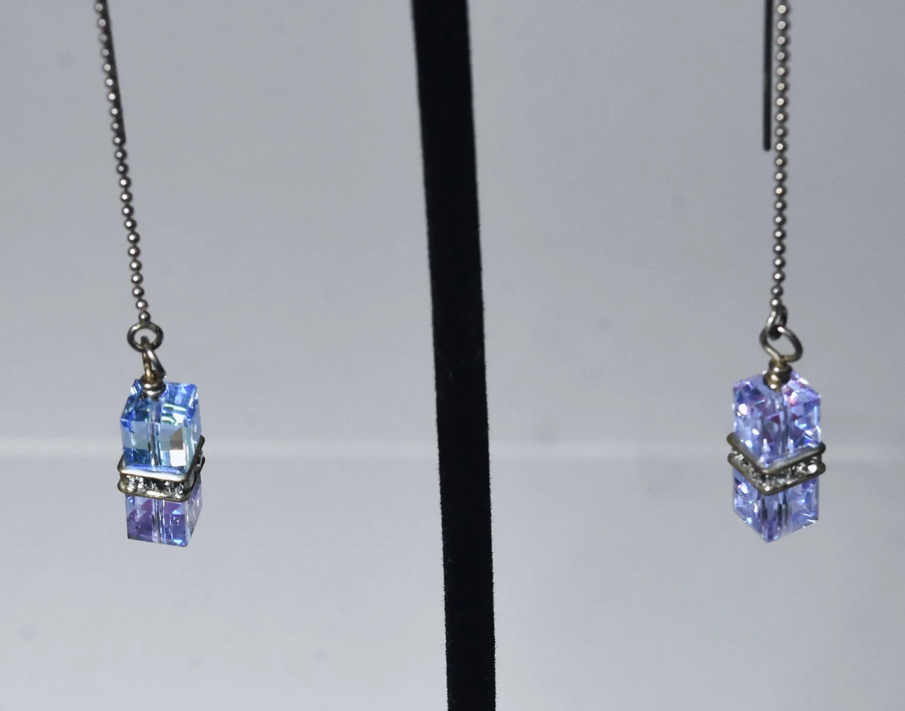 Iridescent Dangling Glass Cubes Sterling Silver Threader Earrings