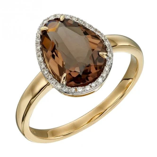 Irregular Shaped Smoky Quartz Diamonds Yellow Gold Ring GR585Y