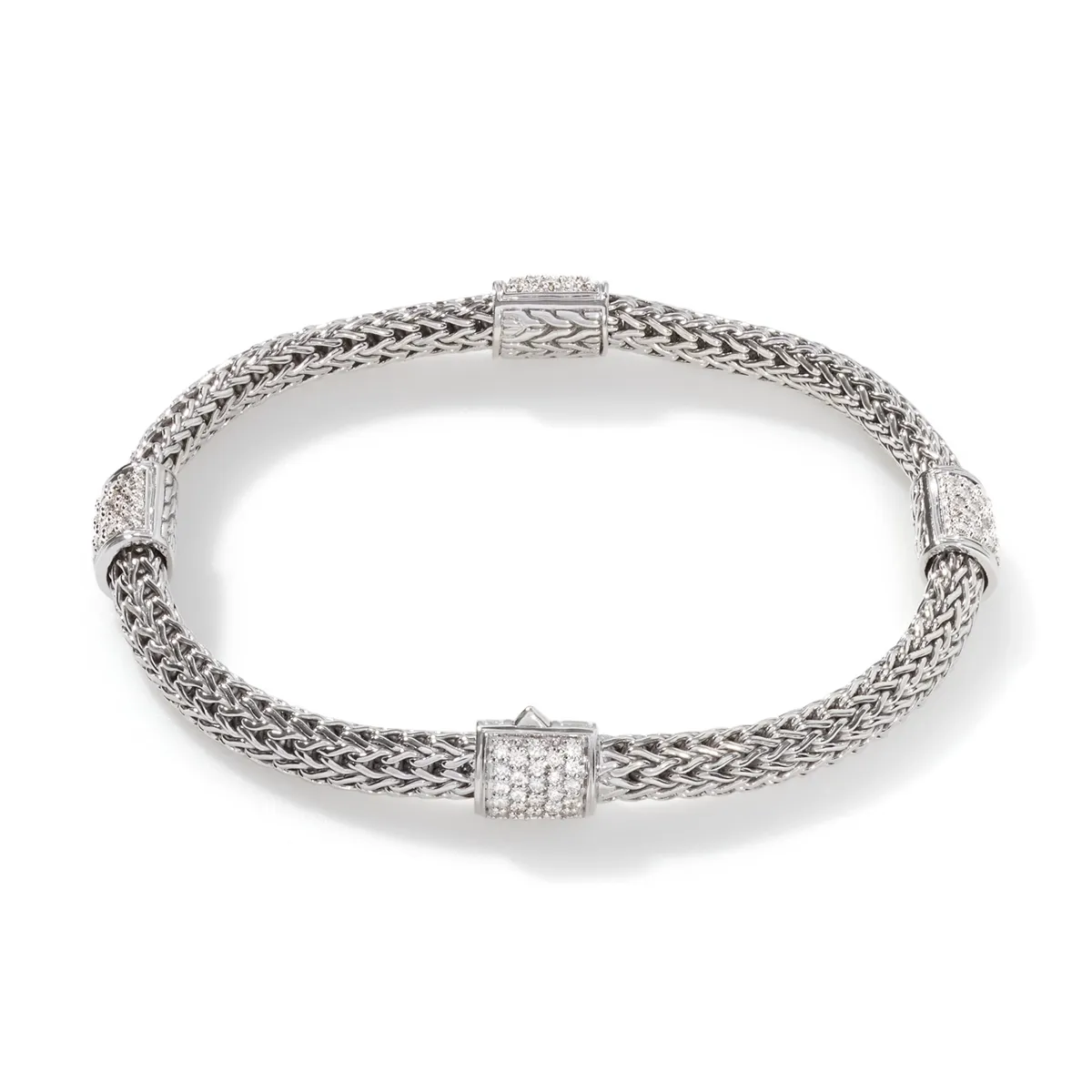 John Hardy Classic Chain Silver Diamond Pave' Four Station Bracelet