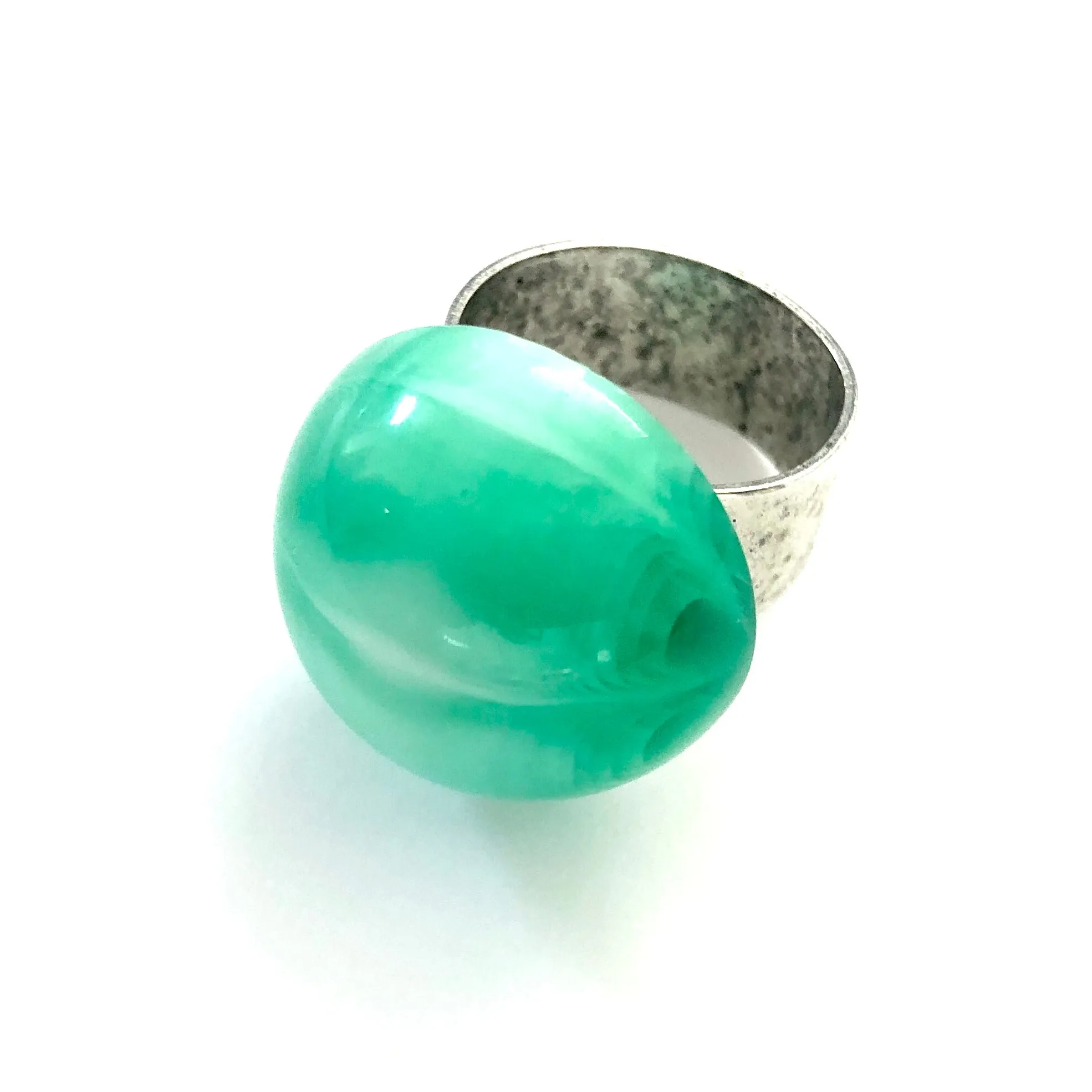 Kelly Green Marbled Moonglow Lucite Silver Cocktail Ring