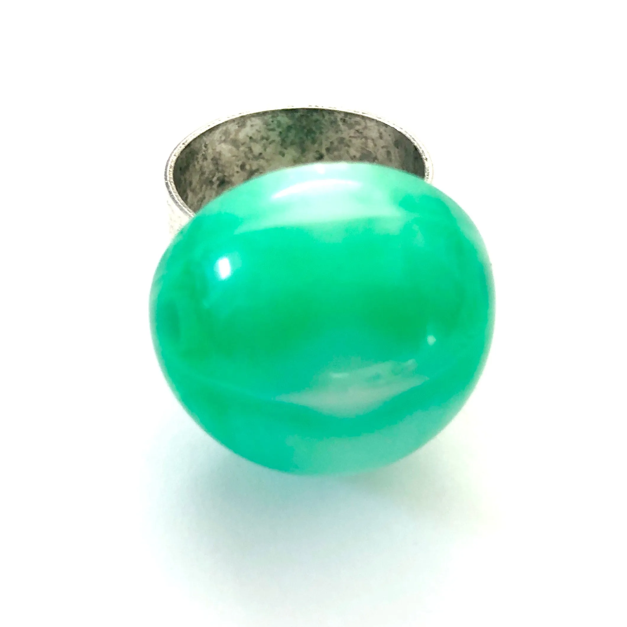 Kelly Green Marbled Moonglow Lucite Silver Cocktail Ring