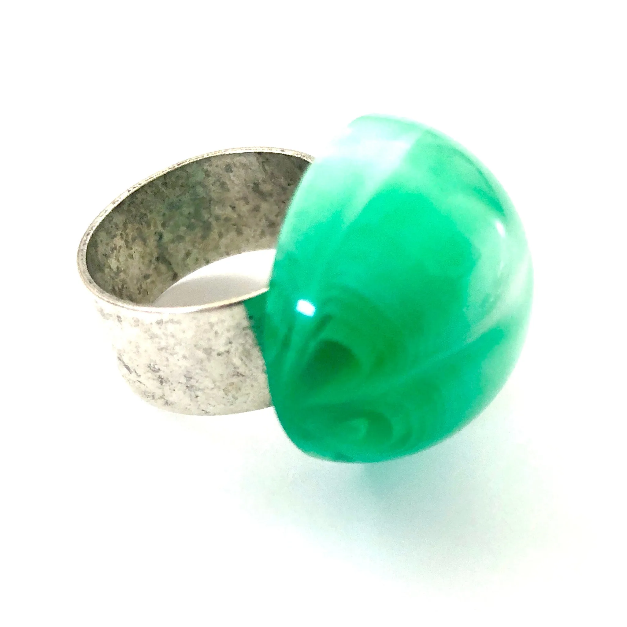 Kelly Green Marbled Moonglow Lucite Silver Cocktail Ring