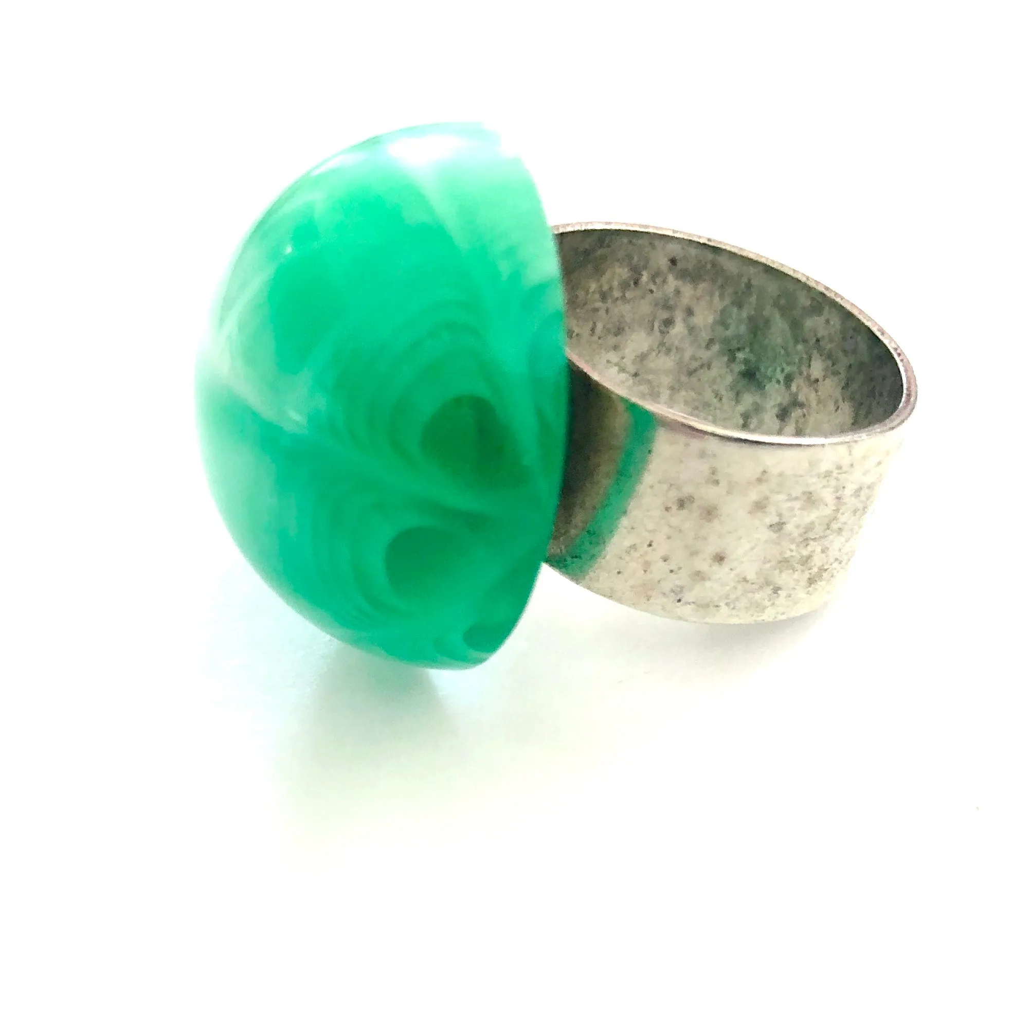 Kelly Green Marbled Moonglow Lucite Silver Cocktail Ring