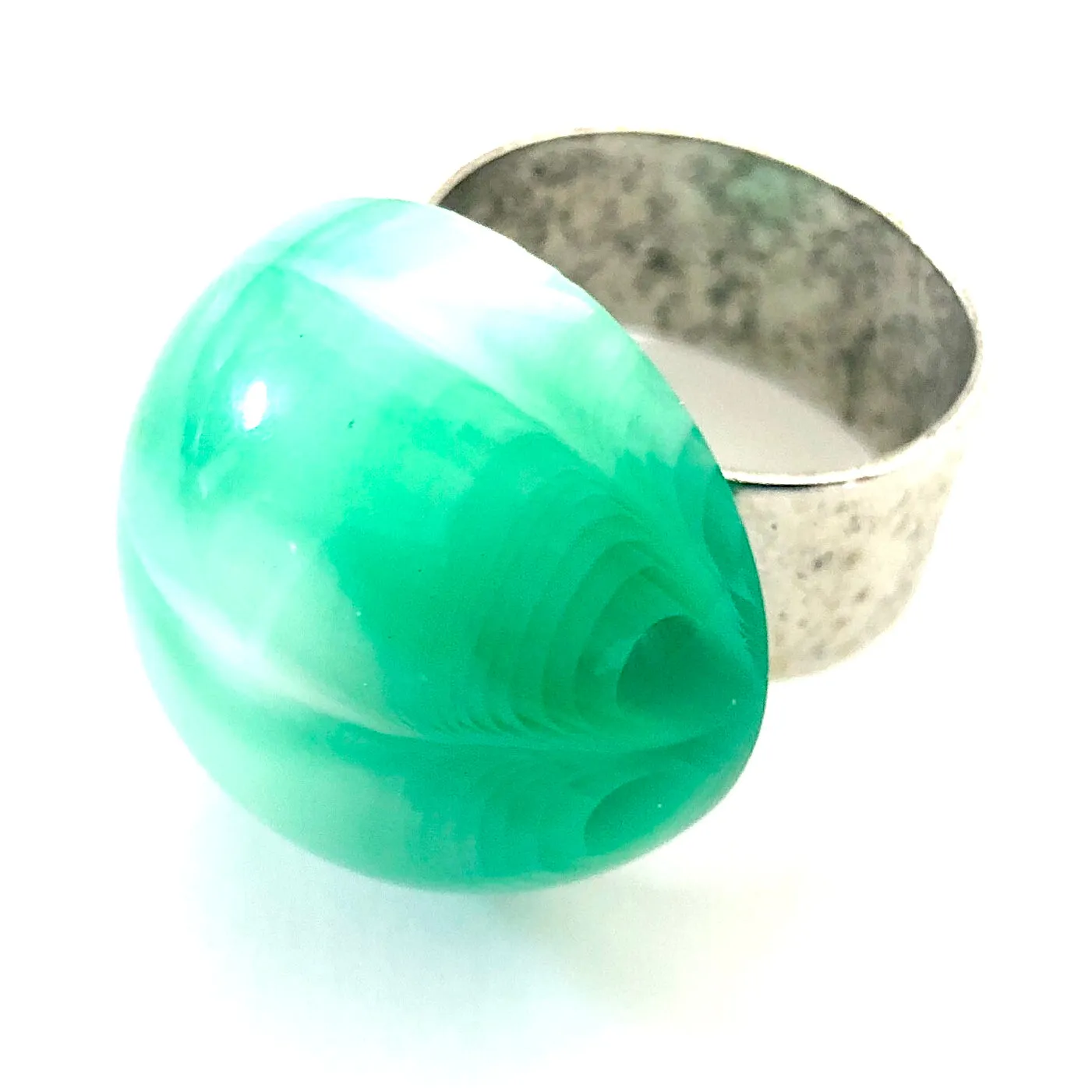 Kelly Green Marbled Moonglow Lucite Silver Cocktail Ring