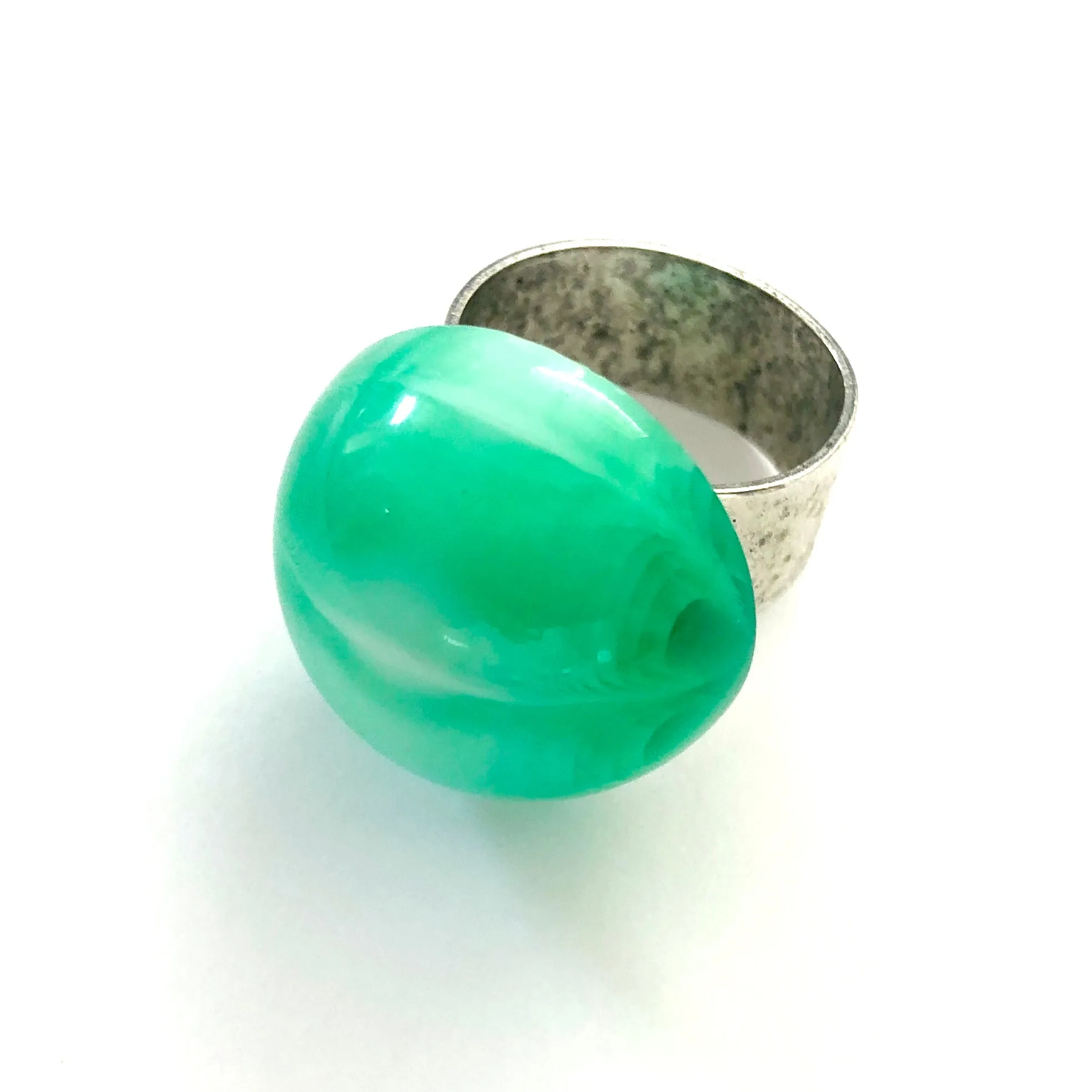 Kelly Green Marbled Moonglow Lucite Silver Cocktail Ring