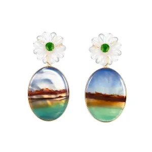 Landscape Agate Earrings with Quartz Flower