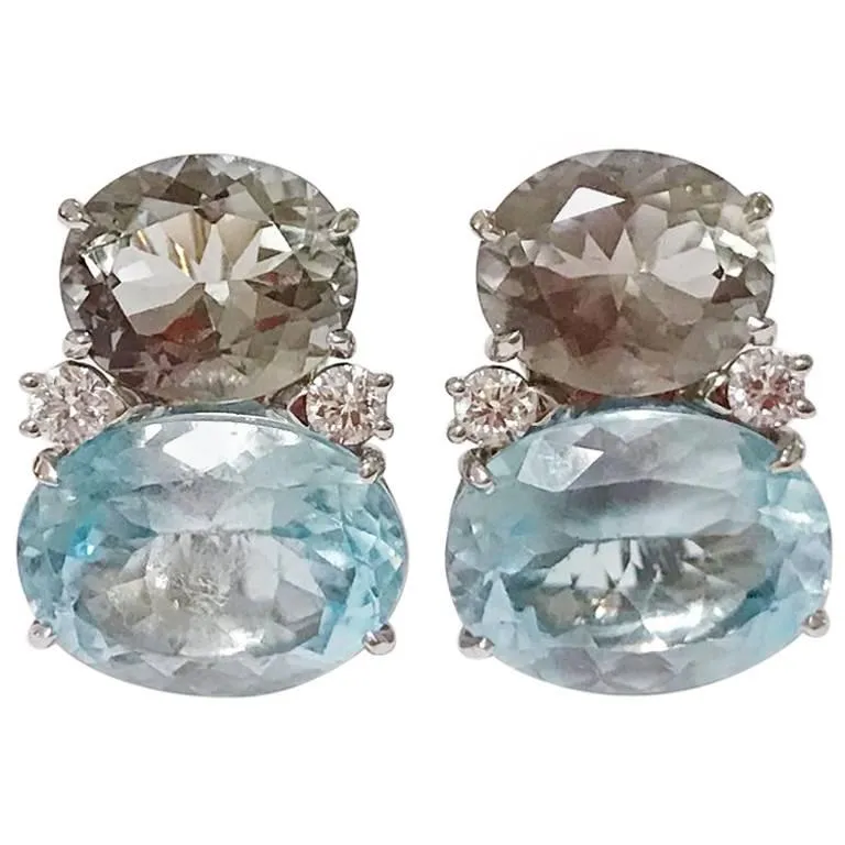 Large GUM DROP™ Earrings with Green Amethyst and Pale Blue Topaz and Diamonds