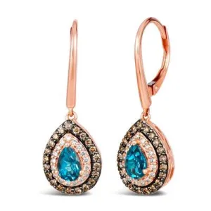 Le Vian 14K Strawberry Gold Pear Deep Sea Blue Topaz Dangle Earrings with Vanilla and Chocolate Diamond Halo