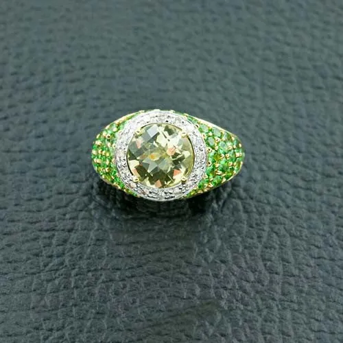 Lemon Quartz, Tsavorite & Diamond Ring