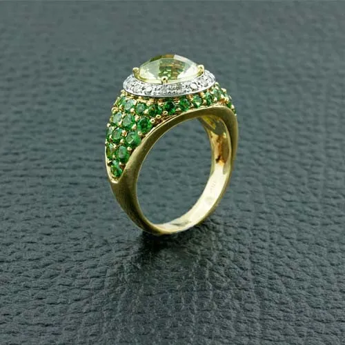 Lemon Quartz, Tsavorite & Diamond Ring