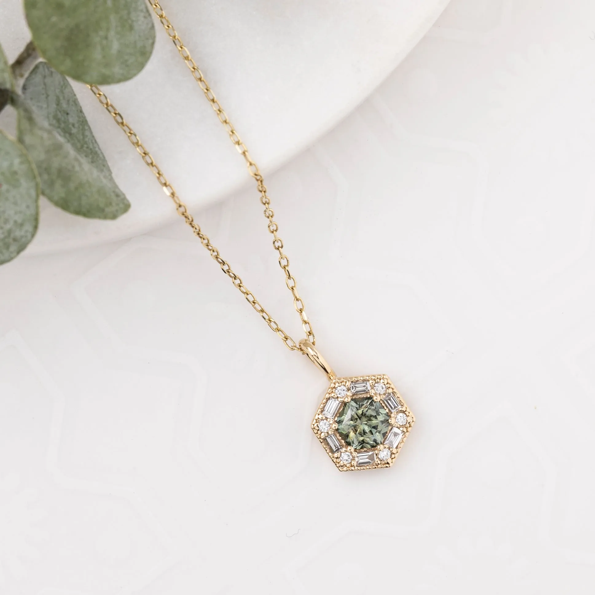 Lila Hexagon Necklace - 5mm Montana Green Sapphire Necklace, 14k yellow gold (One of a kind)