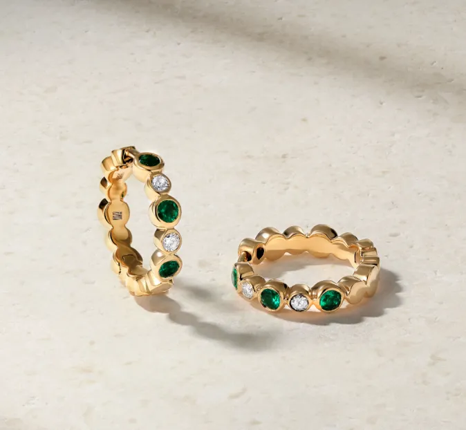 Mark Henry 18k Yellow Gold "Bubbly Emerald and Diamond Mini" Hoop Earrings