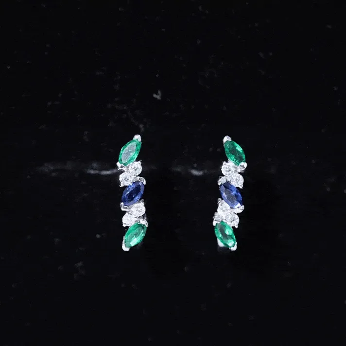 Marquise Cut Created Blue Sapphire and Emerald J Hoop Earrings with Moissanite