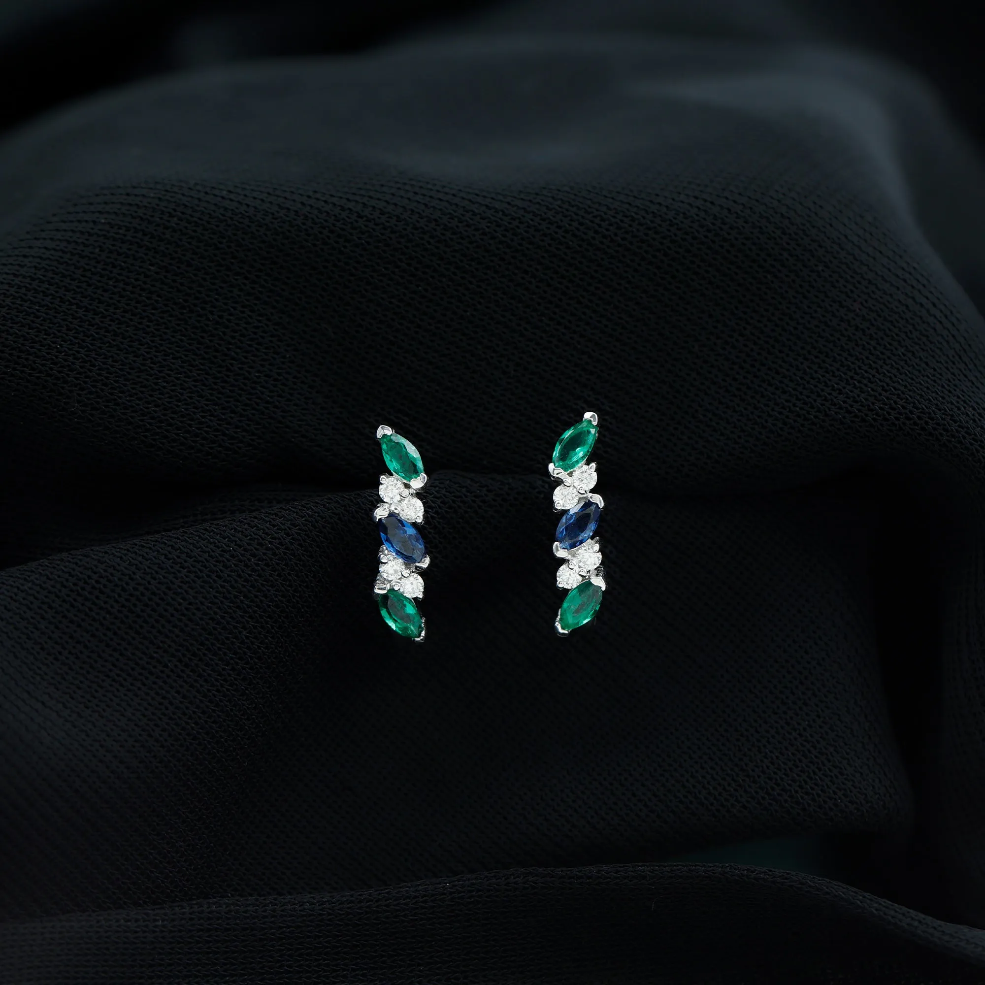 Marquise Cut Created Blue Sapphire and Emerald J Hoop Earrings with Moissanite