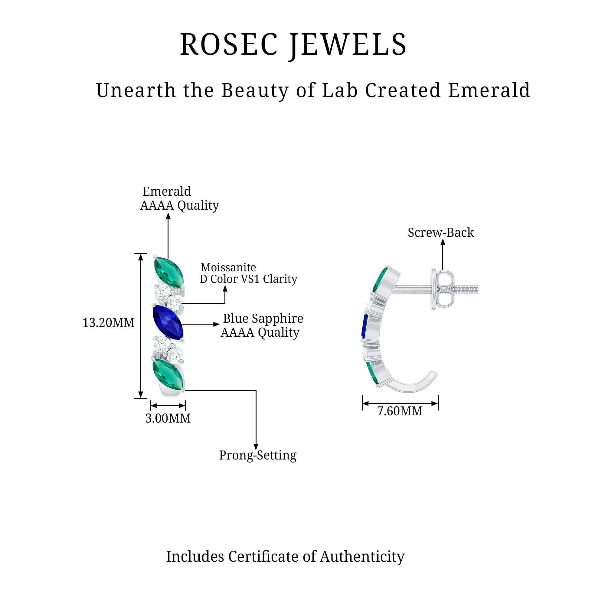 Marquise Cut Created Blue Sapphire and Emerald J Hoop Earrings with Moissanite