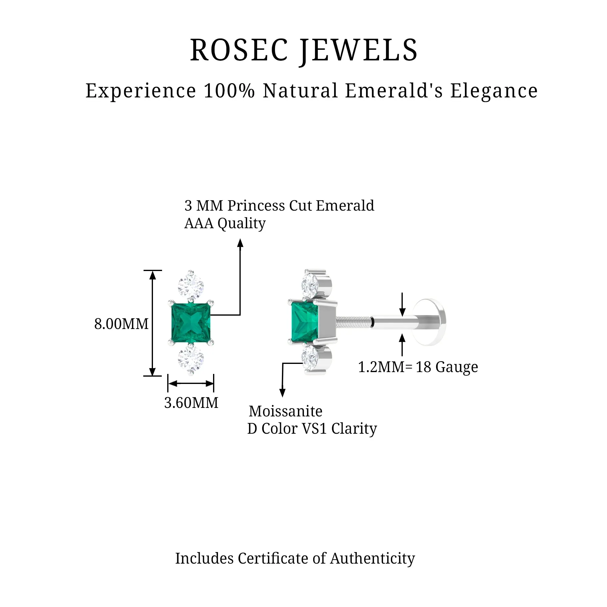 Minimalist Emerald and Moissanite Helix Earring