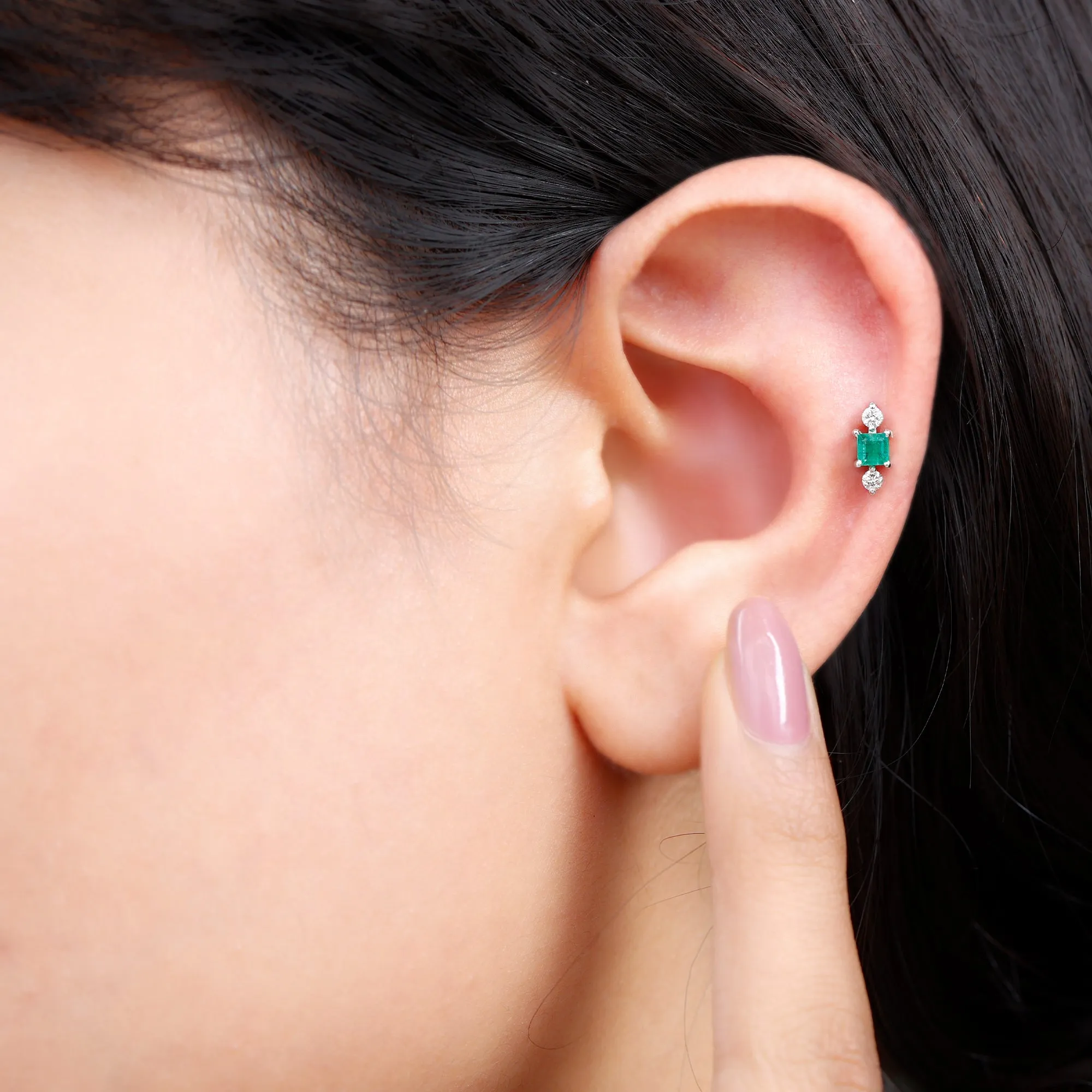 Minimalist Emerald and Moissanite Helix Earring