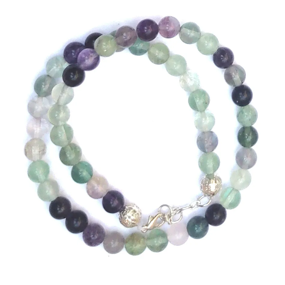 Multi Fluorite Crystal Round Beads Necklace - 15 Inches, 6mm Beads (Semi-Precious Mala)