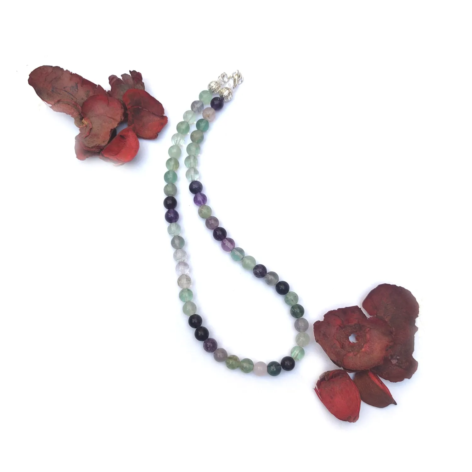 Multi Fluorite Crystal Round Beads Necklace - 15 Inches, 6mm Beads (Semi-Precious Mala)