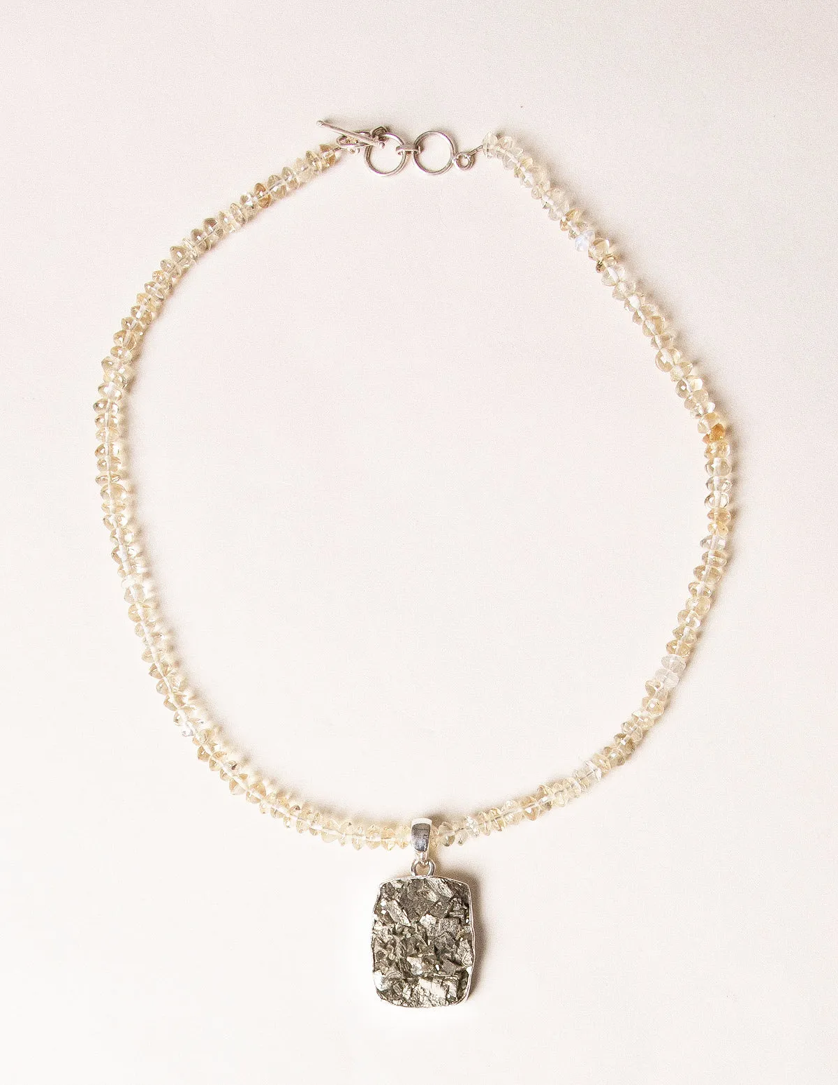 Natural Square Cut Pyrite Pendant on Citrine Beaded Necklace - One of a Kind