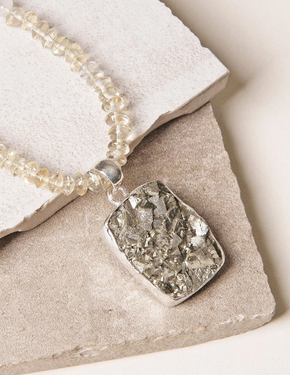 Natural Square Cut Pyrite Pendant on Citrine Beaded Necklace - One of a Kind