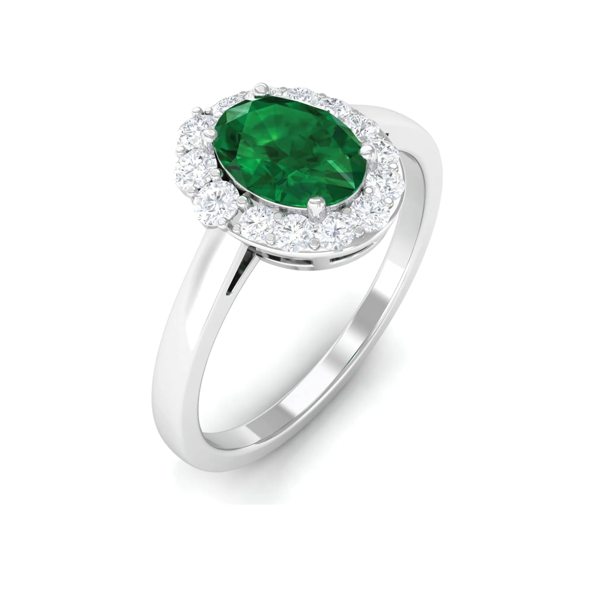 Oval Shape Created Emerald and Diamond Classic Halo Engagement Ring