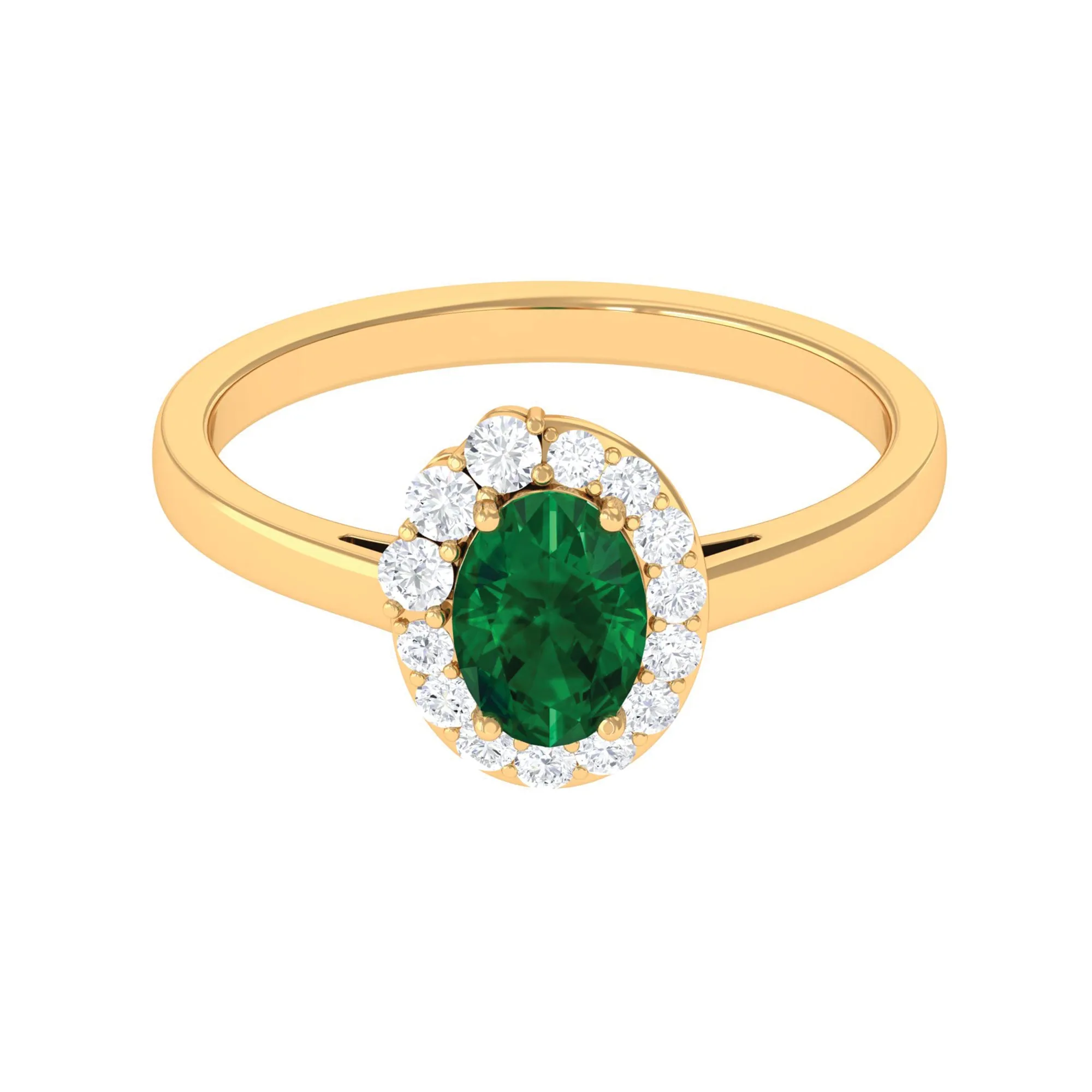 Oval Shape Created Emerald and Diamond Classic Halo Engagement Ring