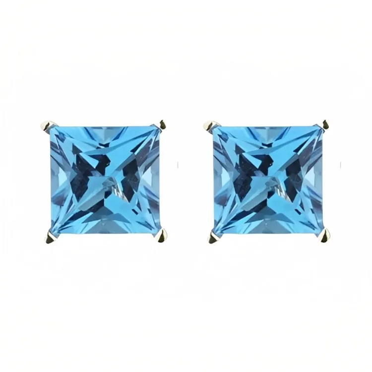 Paris Jewelry 18k Yellow Gold 2 Pair Created Blue Topaz 4mm, 6mm Round & Princess Cut Stud Earrings Plated